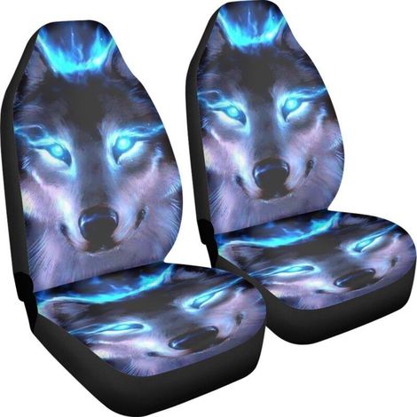 Lot de 2 housses de siège de voiture motif loup bleu néon. pour femme et homme. accessoire de décoration d'intérieur avec imprimé loup universel pour siège avant de véhicule. Taille unique (1/5)