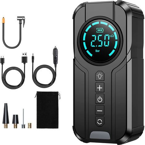 Pompe à pneus, compresseur d'air électrique, mini pompe à air portable pour pneus de voiture et moto, gonfleur rechargeable portable, pression préréglée, sans fil (1/4)