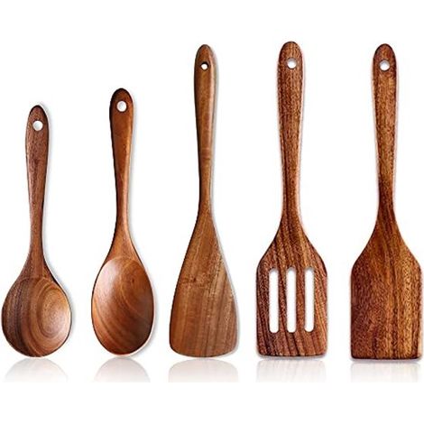 Set di 5 utensili da cucina in legno di acacia: spatola e cucchiaio per cucinare e cuocere al forno. (1/5)