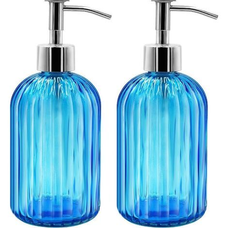 Set of 2 Glass Soap Dispensers, 400 ML Liquid Soap Dispensers with Pump, Refillable Lotion and Soap Dispensers for Kitchen, Bathroom, Laundry Room, Hotel (Blue) (1/5)