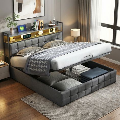 Lit coffre 140x190,lit 140x190 avec sommier,Lit 2 Personnes capitonné avec tête de lit rangement et chargement USB,lumières LED,Lit double adulte, rangement hydraulique, sommier à lattes,Lin Gris (1/5)