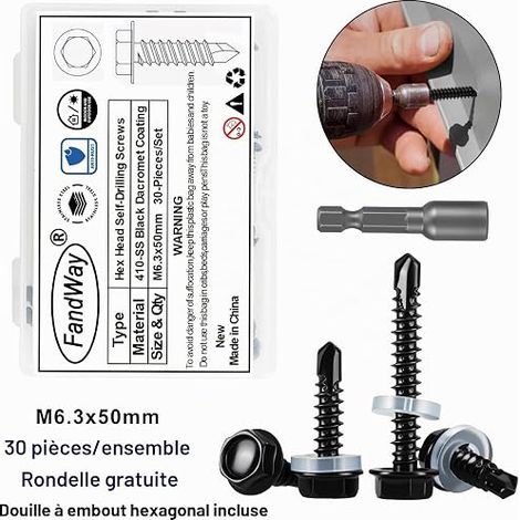 Vis Autoforeuse Metal Noir,M6,3x50mm Vis à Tôle Autotaraudese à Tete Hexagonale avec Rondelle et Autoperceuse Autoperforante Inox 410 avec 1 Bits pour Aluminium Bois Plastique. (1/4)
