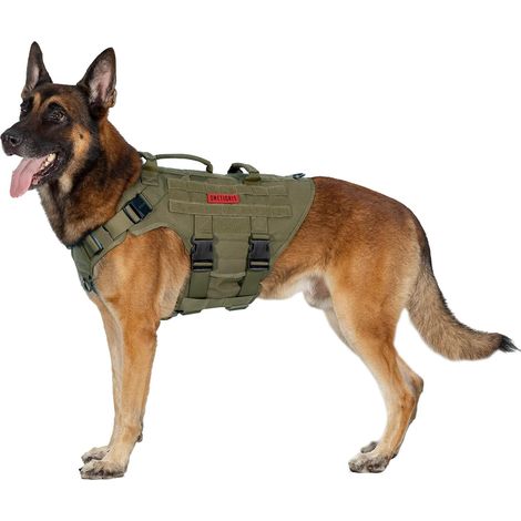 Harnais tactique réglable anti-traction pour chien, avec 3 poignées, 2 boucles en métal, harnais de sécurité, vert XL (1/5)