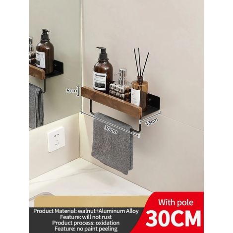 Étagère d'angle en bois et aluminium (poteau noir de 30 cm) pour salle de bain, rangement pour shampoing, étagère murale de douche. (1/5)
