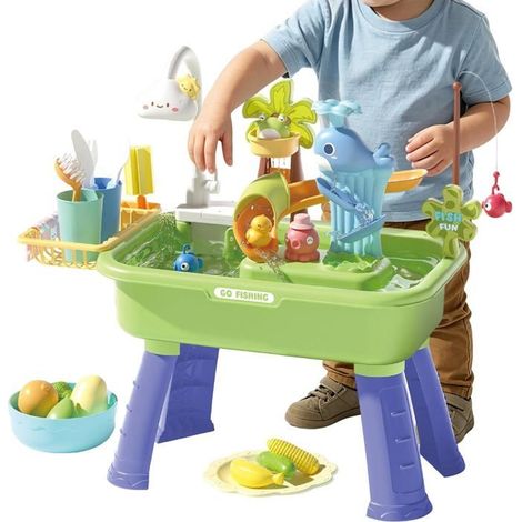BelleRise - Table de sable et d'eau avec évier de cuisine jouet - Pompe à eau automatique circuit fermé et jeu de pêche magnétique - Vert (1/5)