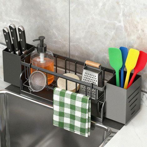 Organisateur évier cuisine avec bac de vidange et boîte de rangement, porte-éponge amovible en métal avec porte-essuie, rangement pour cuisine et salle de bain sans perçage (1/5)