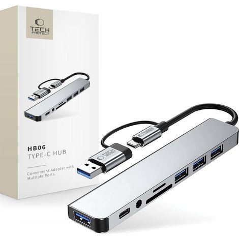 Adaptateur Tech-protect HB06 HUB 8 en 1 : USB-C + USB 2.0 + USB 3.0 + SD/TF + AV 3.5, gris sidéral (1/5)