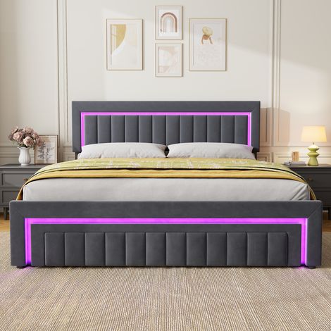 Lit 180x200 cm en velours gris foncé avec LED et tiroirs HAVRYA (1/5)