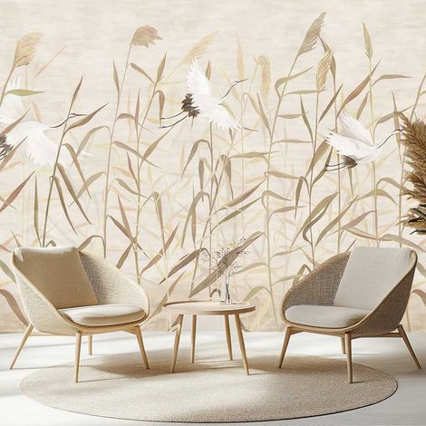 Papier peint graminées et grues ambiance zen naturelle papier peint