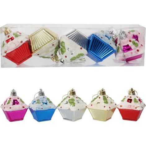 Set mit 5 farbenfrohen, cupcake-förmigen Weihnachtskugeln mit Glitzerverzierungen (1/5)