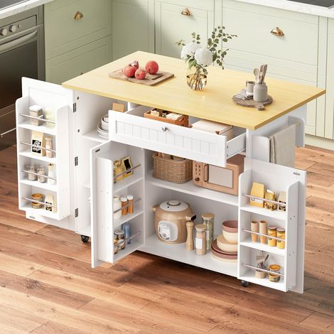 Îlot de cuisine mobile avec plateau rabattable, chariot de cuisine, table de bar, avec tiroir et meuble de rangement, 3 étagères de porte, 120 × 45 (70) × 92 cm (1/5)