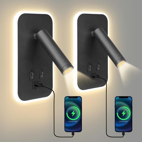 Bedside Reading Light, 2PCS LED Wall Sconce for Bedroom with Switch and USB Charging, 3W+9W 3000K Rotating Wall Mount Spotlight, Wall Lights for Bed, Hallway, Hotel (Black-2pcs) [Energy Class (1/5)