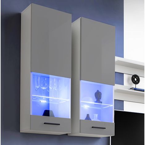 Extreme Furniture, Vitrine Murales Suspendue T51, (LxHxP): 40 x 120 x 29, corps en Blanc Mat, Façades en Brillant Gris, LED RGB (1/5)