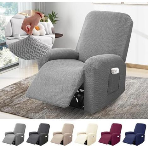 Housse de fauteuil 1 place, housse extensible avec poches, protection intégrale en jacquard rayé pour fauteuils TV et relax (gris clair, ensemble de 4 pièces) (1/5)