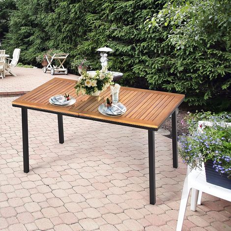 COSTWAY Gartentisch mit Schirmloch, Akazienholz Terrassentisch , Esstisch Rechteckig Metallrahmen für 6-8 Personen, 140x75x76cm