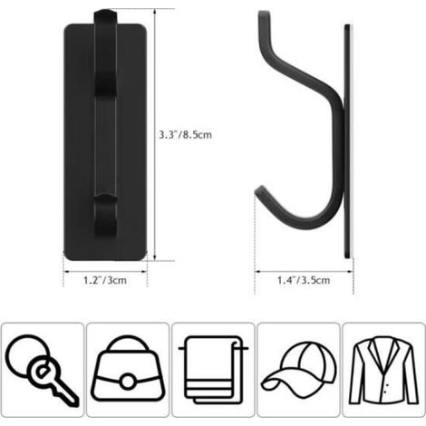 4 crochets muraux autocollants noirs, en acier inoxydable, étanches. (1/3)