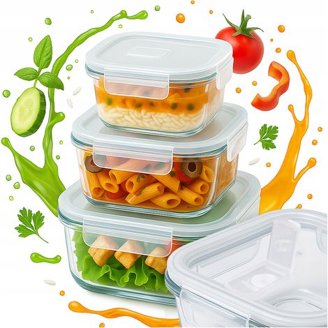 Set di 3 contenitori ermetici quadrati in vetro per il pranzo (1/5)