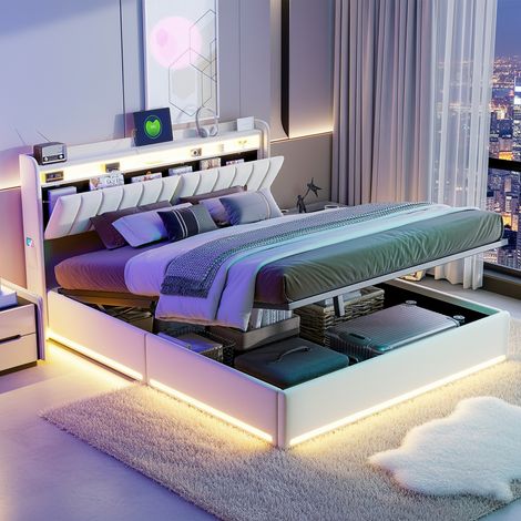Fortuna Lai – Lit coffre 160x200 avec rangement – Tête de lit modulable avec station de charge USB – Éclairage LED RGB – Velours beige