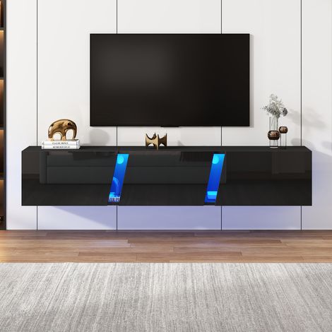 Meuble TV suspendu avec LED APP et 3 portes abattantes, 180 x 35 x 30 cm, pour TV 75 pouces, panneaux de particules, Noir brillant (1/5)