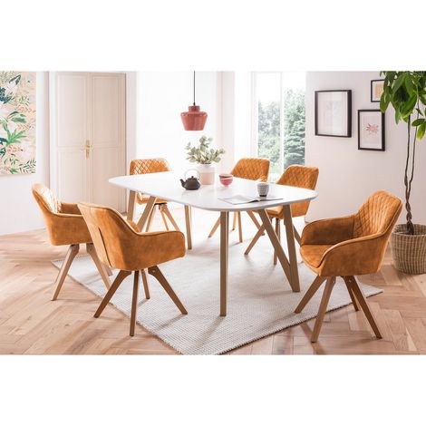 Ensemble Table de Salle à Manger Blanc Mat 180x90 cm et 4 Chaises Pivotantes en Velours - PANGIVO (1/5)