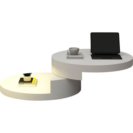 707035.5cm Couchtisch, Obere Tischplatte 360° frei drehbar, Drehbarer Sofatisch mit LED-Lichtleiste, Zylindrischer Wohnzimmertisch aus MDF, belastbar bis 30 kg, 2-Schicht-Aufbau,Weiß (1/5)