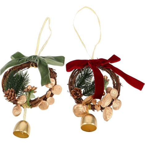 2 pezzi di ornamenti natalizi in metallo con campanelli e fiocco, ghirlanda di abete rosso verde con pigne finte, decorazione da appendere per porta dell'armadio, regalo per interni ed esterni (1/5)