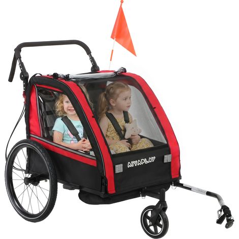 Remorque vélo enfant - AIYAPLAY - 2 en 1 - poussette 2 places - guidon réglable - métal et Oxford - 151x77x105cm - rouge (1/5)