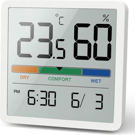 Indoor Hygrometer Thermometer, Digital Desktop Thermometer with Temperature and Humidity Monitor, Precise Humidity Gauge Room Thermometer with Clock (White) (1/5)