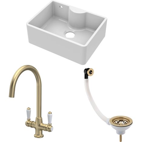 Fireclay 595mm Single Bowl Butler Kitchen Sink Bundle with Overflow, Tap Ledge, Brushed Brass Mono Mixer Tap & Waste by Balterley (1/4)