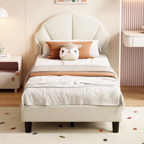 Lit Simple Rembourré beige 90x190 cm, Lit pour Enfant Adolescent, avec Tête de Lit Réglable en Hauteur, sommier à lattes, en Velours (1/5)