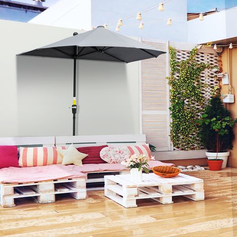 Parasol demi-rond de 2 x 2 m avec support imperméable pour balcon de jardin,100 % polyester gris foncé