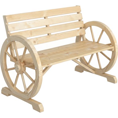 Outsunny – Banc de jardin 3 places en bois de sapin effet vieilli – Accoudoirs roues de charrette – Confort optimal – Dimensions 105,5L x 56l x 79H cm