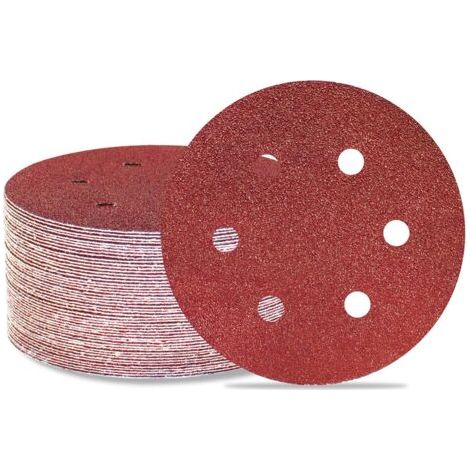 RHG Lot de 50 disques de ponçage 150 mm 6 trous Grain 80 Papier abrasif Orbital aléatoire pour travail du bois, automobile, métal (1/5)