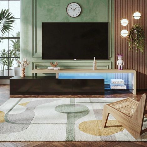 TV-Lowboard 200 cm Holzoptik mit einstellbarer LED-Beleuchtung, 3 Türen, 2 Einlegeböden aus Glas, für TVs bis 90 Zoll (200x39x42 cm) - Schwarz