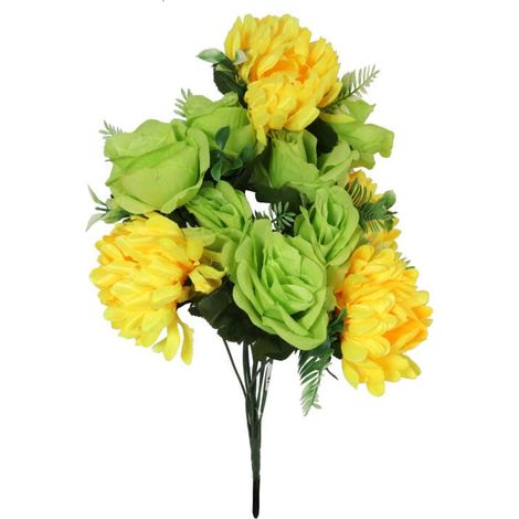Bouquet di fiori artificiali, mix di rose e crisantemi, gialli e verdi, 50 cm (1/2)