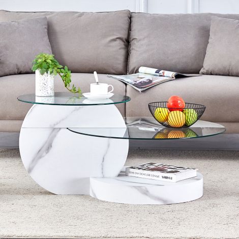 Tavolino da caffè moderno e minimalista con doppio strato in vetro di sicurezza, design a più livelli, struttura di supporto in MDF di alta qualità con effetto marmo bianco. Disponibile in diversi col (1/5)