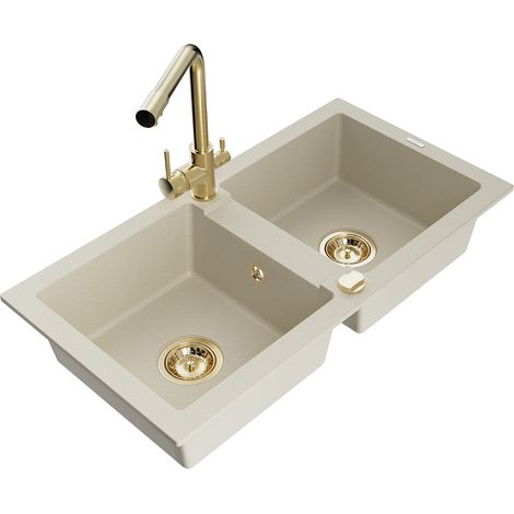 Mexen Mario évier de cuisine en granit 2 bacs avec robinet Duero, beige - 6504-69-671600-50 (1/5)