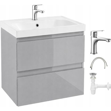 Wandhängender Badezimmerschrank mit Waschbecken und Armatur, Chromgrau Hochglanz, 60 cm Durchmesser (1/5)