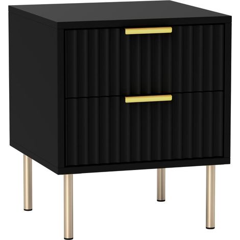 Table de chevet, table de nuit cannelée avec 2 tiroirs et pieds en acier, pour chambre à coucher, salon, noir