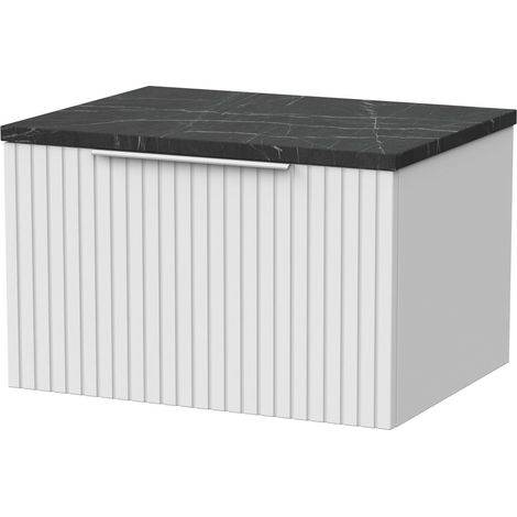 Callingwood Contemporary Wall Hung 1 Drawer Vanity Unit with Black Pietra Marble Laminate Worktop , 600mm, Matt White
