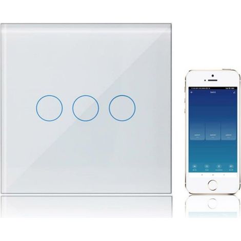 Interrupteur Connecté 3 Gang - WiFi - Compatible Alexa Google Assistant - Panneau Verre Blanc - 250 V 10 A - 1 Pièce (1/4)