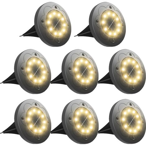 Lot de 8 lampes étanches de sol, lampes lumineuses solaires blanc chaud, lampes à disque solaire, lampes encastrées solaires à 10 LED, d'extérieur (1/5)
