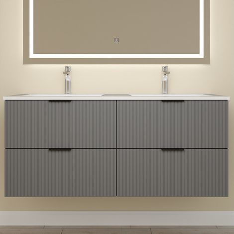 Aica Meuble de Salle de Bain suspendu 120 cm Anthracite avec 4 tiroirs + vasque double en céramique