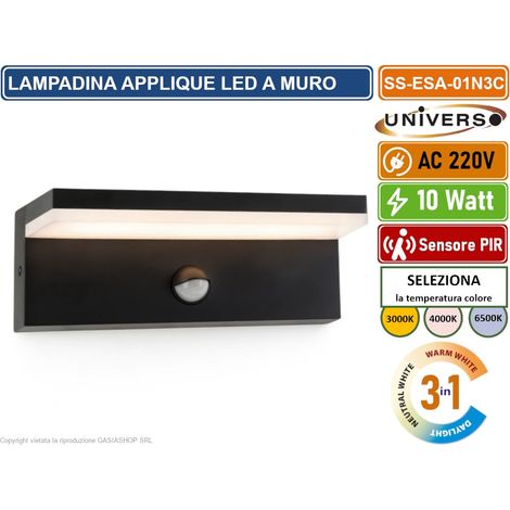 APPLIQUE LAMPADA LED DA MURO NERA 10W SMD SENSORE PIR DI MOVIMENTO CCT 3IN1 CAMBIA COLORE DA ESTERNO IP54 (1/5)