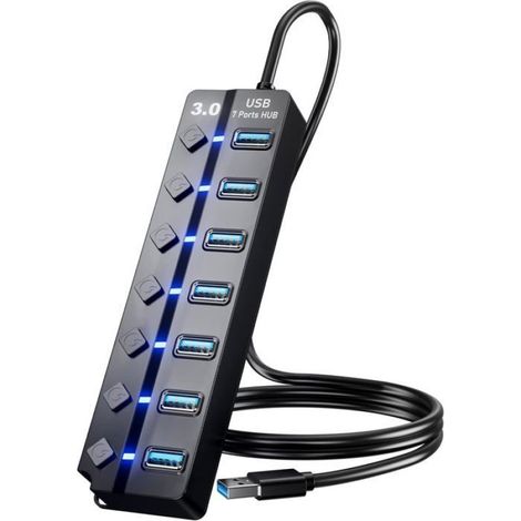 Hub 7 en 1 Multiprise USB 3.0, Port Multiple pour PC, Transfert De Données Et Recharge, Interrupteur Et Lumière LED, 120cm (1/5)