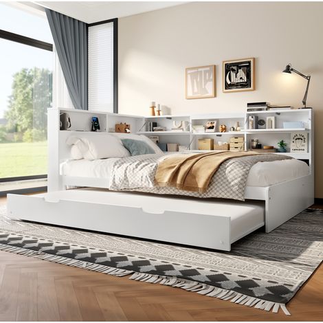 Tagesbett 140x200 cm Weiß aus Kiefernholz mit Kopfteil-Stauraum, Ausziehbett und USB-C (1/5)