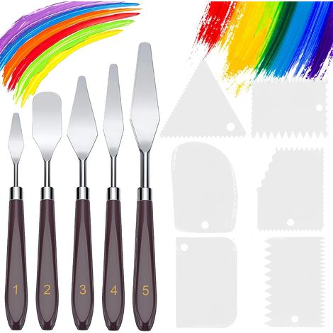 11 Pièces Ensemble de couteaux à peinture,5 Couteaux à Palette+6 Plastique Couteaux grattoirs,Couteaux à Peindre Acier Inoxydable,Palette Couteau,Peinture à l'huile Accessoires de Mélange de Couleur (1/5)