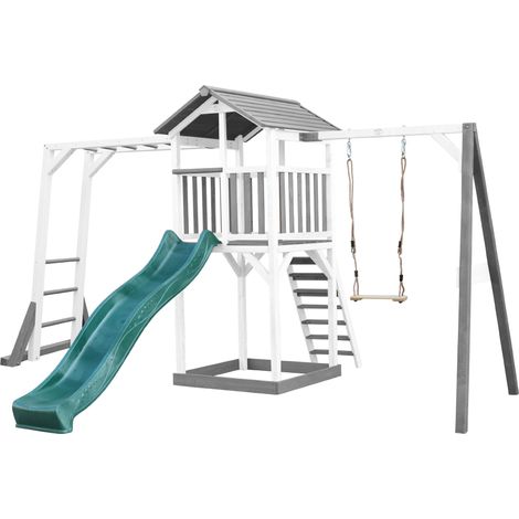 Axi Beach Tower Aire De Jeux Avec Toboggan En Vert, Cadre D'Escalade, Balançoire & Bac À Sable  Grande Maison Enfant Extérieur En Gris & Blanc  Cabane De Jeu En Bois Fsc