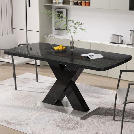 Mesa de comedor rectangular extensible 120-160 cm, tablero efecto mármol negro, MDF, OKWISH (1/5)