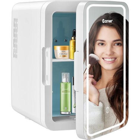 GOPLUS Mini Frigo 10 L, Frigo Cosmetique avec Miroir à Maquillage LED, Mode Froid/Chaud, Frigo Silencieux avec Étagères Amovibles pour Chambre, Voiture (1/5)